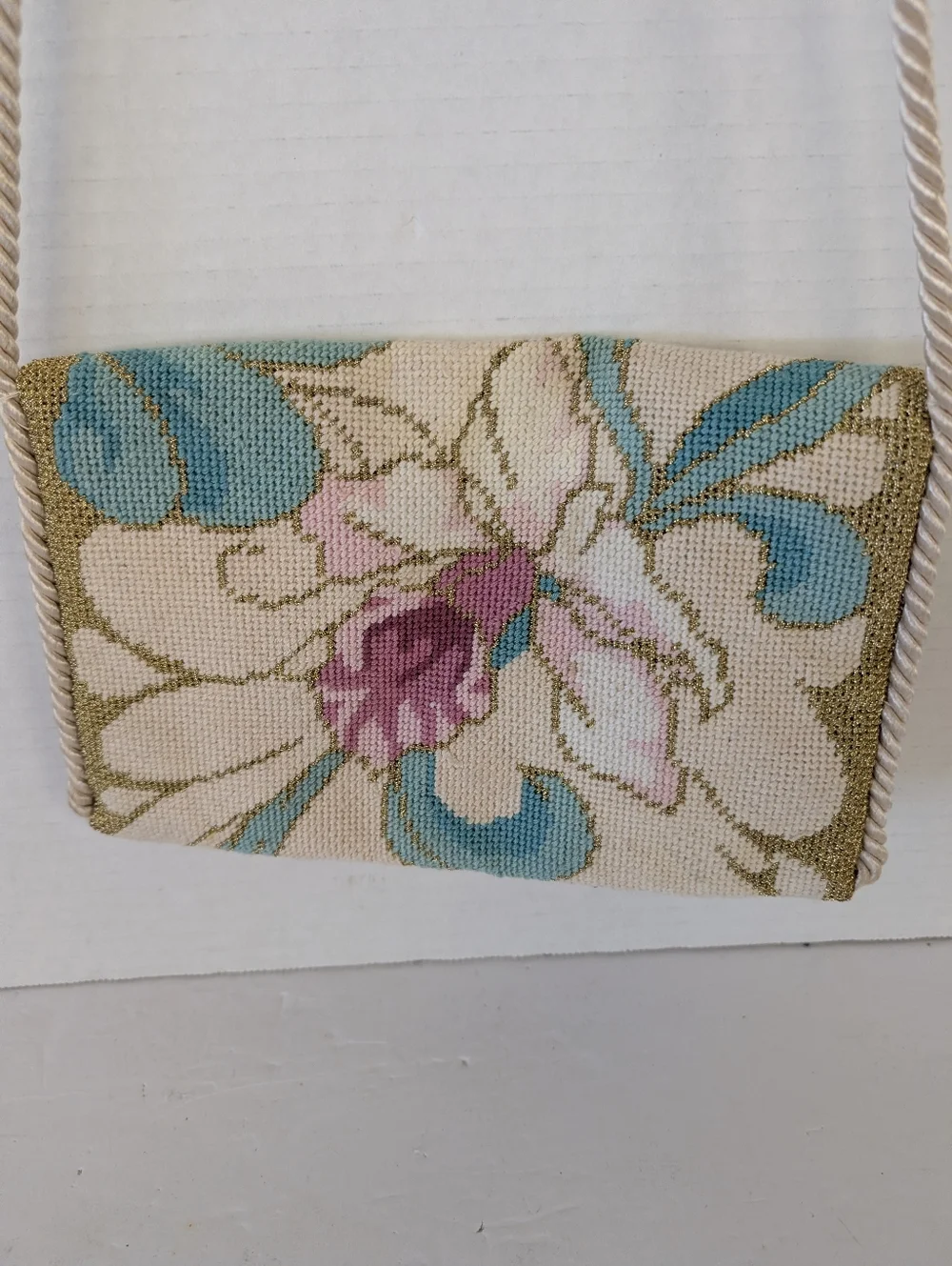 Crossbody Bag in Cream, Teal & Pink Hand Crafted.